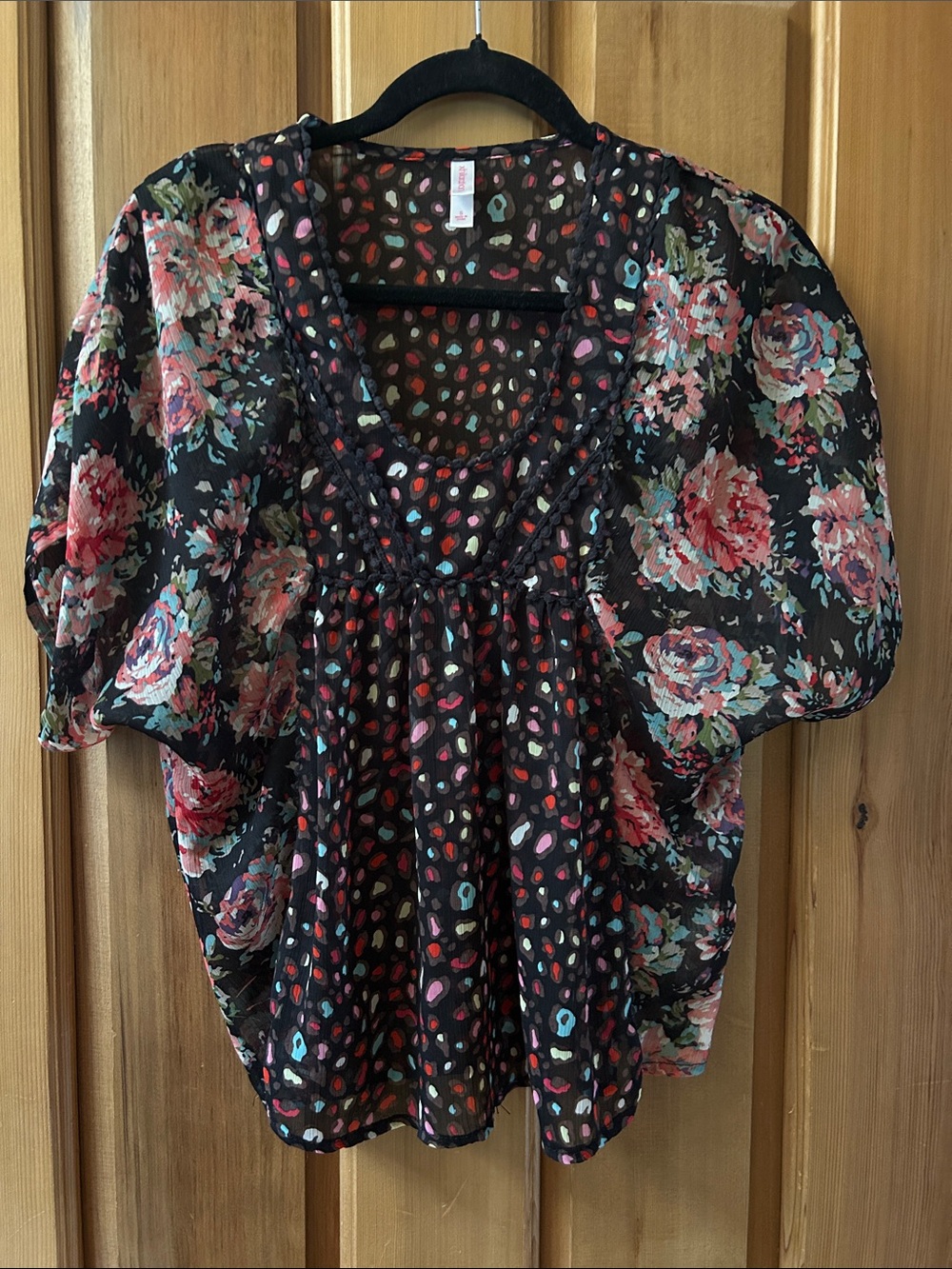 Xhilaration Black Sheer Blouse with Multicolor Floral and Dot Print